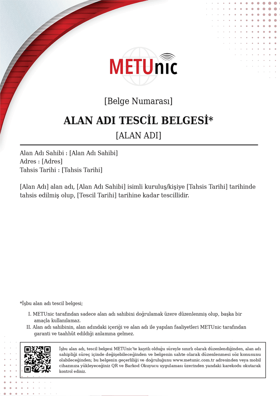 Örnek alan adı tescil belgesi